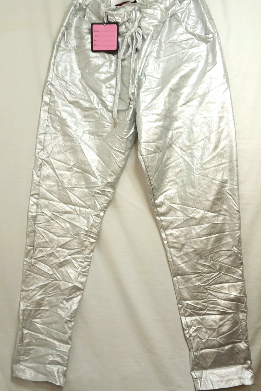 CentOuno Italy Silver Metallic Foil Joggers Pants Womens L Stretch Glam Street